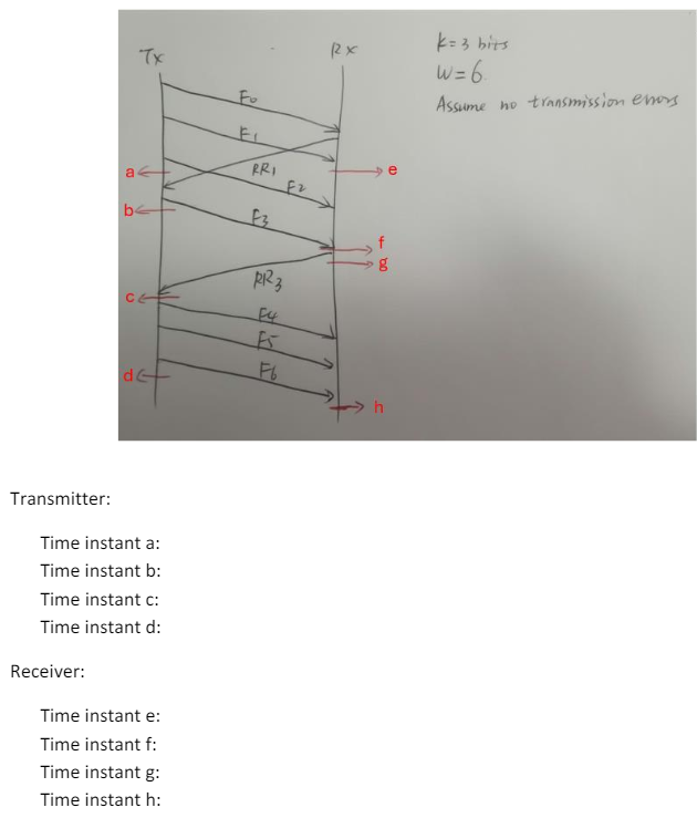Tx
a
b
Transmitter:
Time instant a:
Time instant b:
Time instant c:
Fo
EL
RRI
F2
Rx
e
K=3 bits
W=6.
Assume no transmission evors
Time instant d:
Receiver:
Time instant e:
Time instant f:
Time instant g:
Time instant h:
PR3
F4
F5
76
g
F6
h