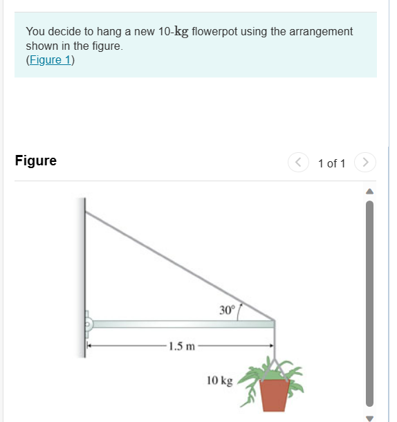 You decide to hang a new 10-kg flowerpot using the arrangement
shown in the figure.
(Figure 1)
Figure
-1.5 m
30°
10 kg
<
1 of 1
▶